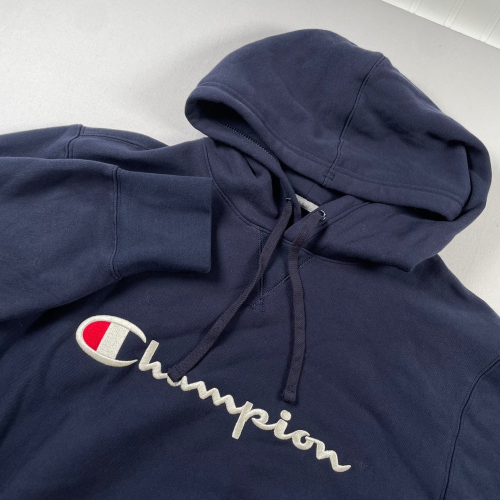 Champion USA Athletic Navy Blue Pullover Hoodie Embroidered Script Logo Mens L